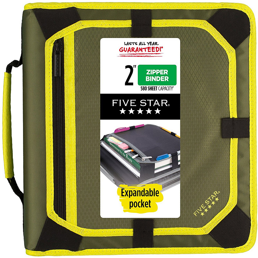 Acco Five Star Zipper Binder With Expansion Panel, 2" Rings, Assorted Colors 2" Binder Capacity - Letter - 8 1/2" x 11" Sheet Size - 380 Sheet Capacity - 3 Ring(s) - Fastener(s): Round Ring - Pocket(s): 5 - Fabric - Assorted - Zipper Closure, Expa (29052)