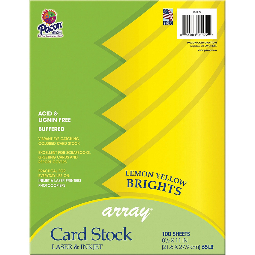 Pacon Color Brights Cardstock - Lemon Yellow Letter - 8 1/2" x 11" - 65 lb Basis Weight - Acid-free, Recyclable, Lignin-free, Buffered - Lemon Yellow - 100 / Pack (P101172)