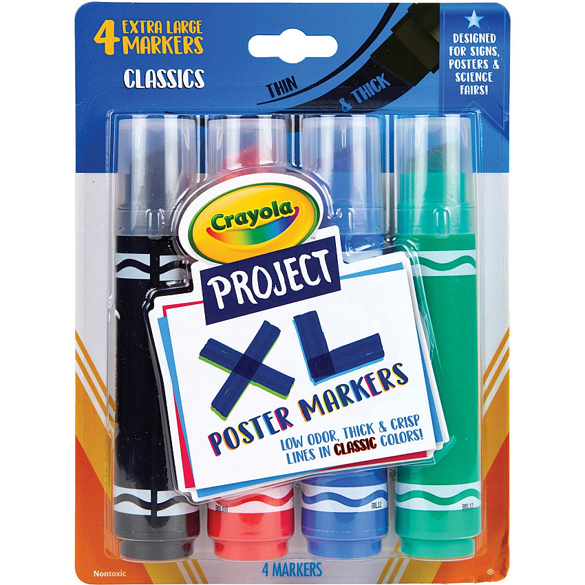 Crayola XL Classic Poster Markers Bold Chisel Marker Point - Washable - Black, Green, Blue, Red Ink - 4 / Pack (588356)