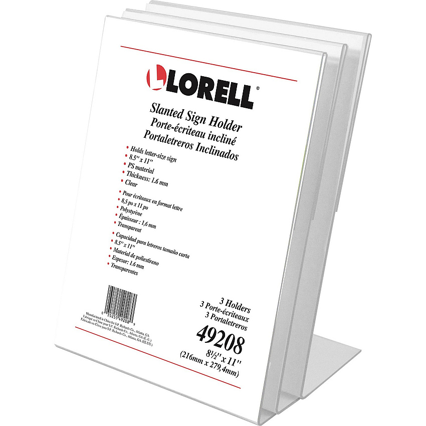 Lorell L-base Slanted Sign Holder Stand Support 8.50" x 11" Media - Acrylic - Clear - 3 / Pack (LLR49208)