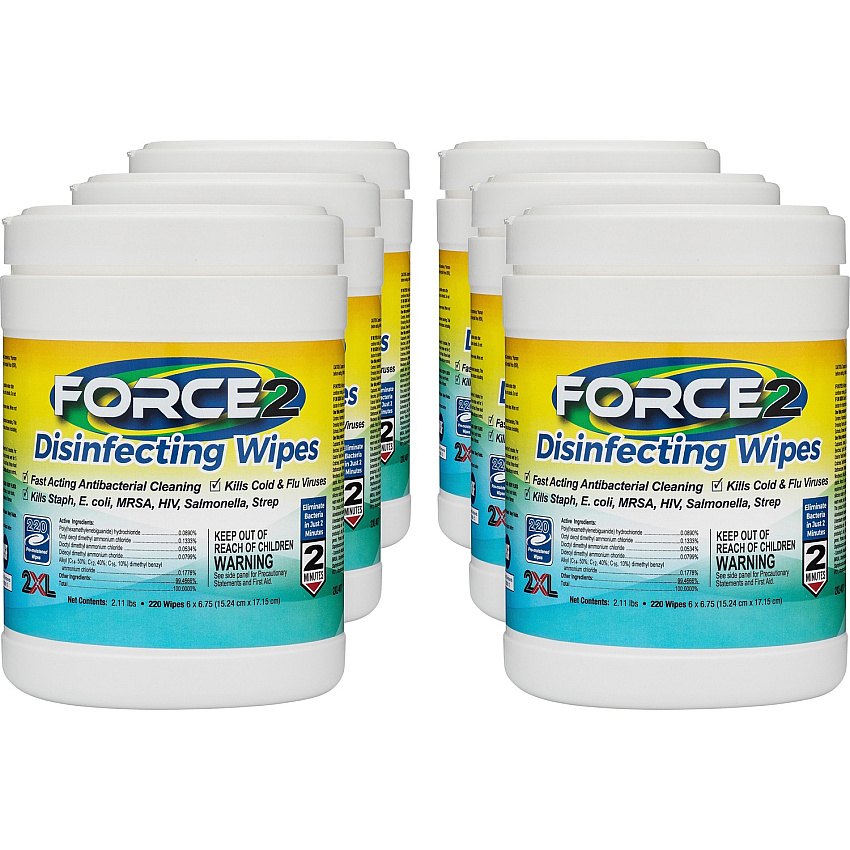 2XL FORCE2 Disinfecting Wipes 6.75" Length x 6" Width - Fast Acting, Non-toxic, Non-irritating, Pre-moistened, Alcohol-free, Phenol-free, Bleach-free, Ammonia-free - White - 220/Tub - 6 / Carton (407CT)