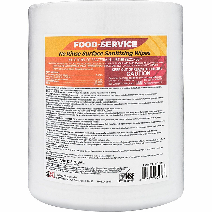2XL No Rinse Foodservice Sanitizing Wipes 6" Width x 8" Length - White - 500 / Roll (446)