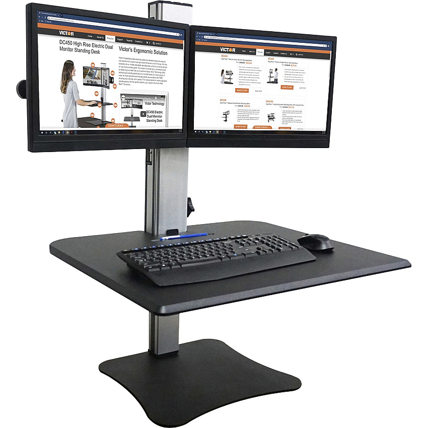 Victor DC350 Dual Monitor Sit-Stand Desk Converter Up to 24" Screen Support - 25 lb Load Capacity - 20" Height x 28" Width x 23" Depth - Desktop, Tabletop - High Pressure Laminate (HPL) - Wood, Steel, Aluminum - Black, Aluminum (DC350A)