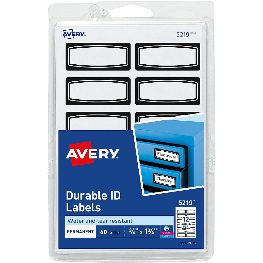 Avery&reg; Durable Labels, 3/4" x 1-3/4" , Black Border, 60 Total (5219) 3/4" Height x 1 3/4" Width - Permanent Adhesive - Rectangle - Matte - White - Film - Water Resistant - 12 / Sheet - 5 Total Sheets - 1080 Total Label(s) - 60/Pack - 18 / Cart (05219)