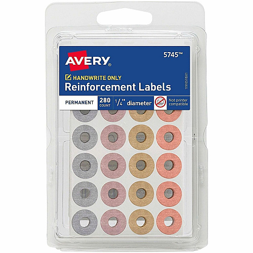 Avery&reg; Reinforcement Stickers, 1/4" , Metallic, 280 Total (5745) 0.3" Diameter - Round - Assorted Metallic - Paper - 280/Pack - 1 Carton (05745)