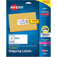 Avery&reg; Shipping Labels, Sure Feed&reg;, 2" x 4" , 250 Labels (6427) 4" Height x 2" Width - Permanent Adhesive - Rectangle - Laser, Inkjet - Matte - White - Paper - 10 / Sheet - 25 Total Sheets - 250 Total Label(s) - Permanent Adhesive, Customi (06427)