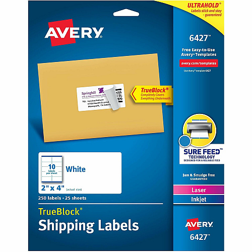 Avery&reg; Shipping Labels, Sure Feed&reg;, 2" x 4" , 250 Labels (6427) 4" Height x 2" Width - Permanent Adhesive - Rectangle - Laser, Inkjet - Matte - White - Paper - 10 / Sheet - 25 Total Sheets - 250 Total Label(s) - Permanent Adhesive, Customi (06427)