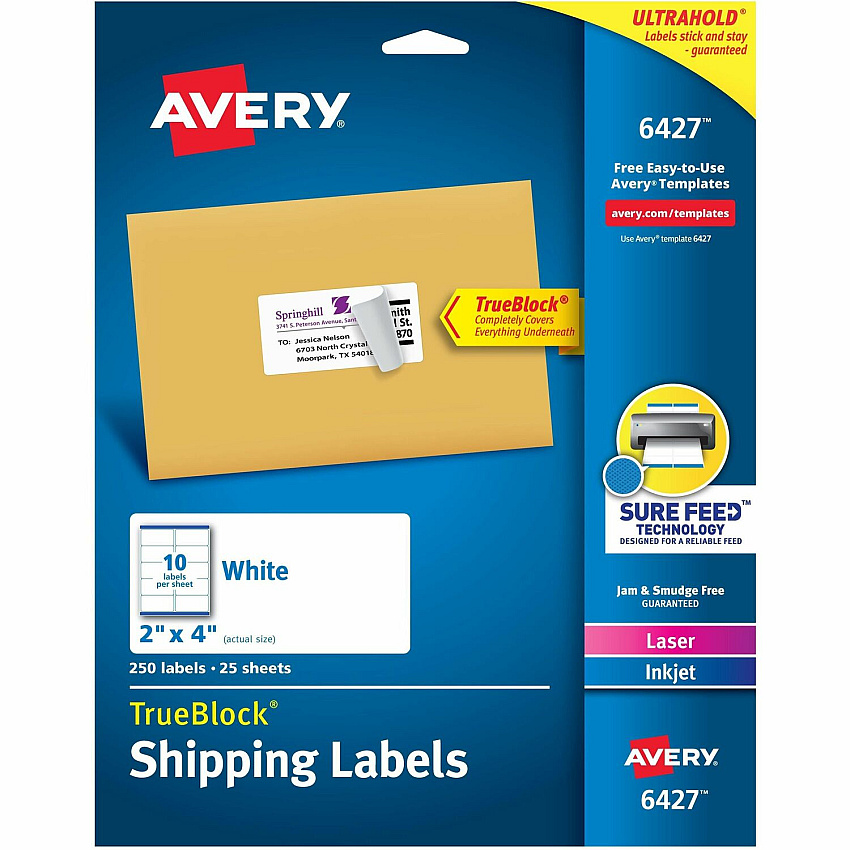 Avery&reg; Shipping Labels, Sure Feed&reg;, 2" x 4" , 250 Labels (6427) 4" Height x 2" Width - Permanent Adhesive - Rectangle - Laser, Inkjet - Matte - White - Paper - 10 / Sheet - 25 Total Sheets - 250 Total Label(s) - Permanent Adhesive, Customi (06427)