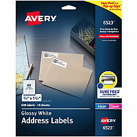 Avery&reg; Address Labels, Glossy White, 2/3" x 1-3/4" , 600 Total (6523) 2/3" Height x 1 3/4" Width - Permanent Adhesive - Rectangle - Laser, Inkjet - Glossy - White - Paper - 60 / Sheet - 10 Total Sheets - 600 Total Label(s) - 1 Carton (06523)