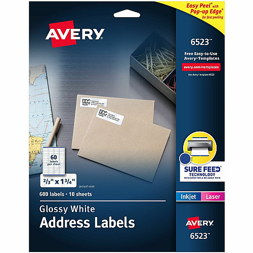 Avery&reg; Address Labels, Glossy White, 2/3" x 1-3/4" , 600 Total (6523) 2/3" Height x 1 3/4" Width - Permanent Adhesive - Rectangle - Laser, Inkjet - Glossy - White - Paper - 60 / Sheet - 10 Total Sheets - 600 Total Label(s) - 1 Carton (06523)