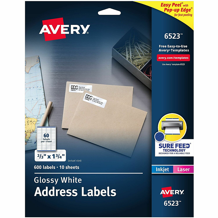 Avery&reg; Address Labels, Glossy White, 2/3" x 1-3/4" , 600 Total (6523) 2/3" Height x 1 3/4" Width - Permanent Adhesive - Rectangle - Laser, Inkjet - Glossy - White - Paper - 60 / Sheet - 10 Total Sheets - 600 Total Label(s) - 1 Carton (06523)