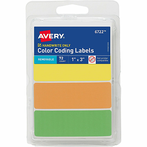 Avery&reg; Rectangular Removable Color Coding Labels on Small Sheets 1" Height x 1" Width x 3" Length - Removable Adhesive - Rectangle - Matte - Neon Yellow, Neon Orange, Neon Green - Paper - 3 / Sheet - 24 Total Sheets - 72 Total Label(s) - 1 Car (06722)