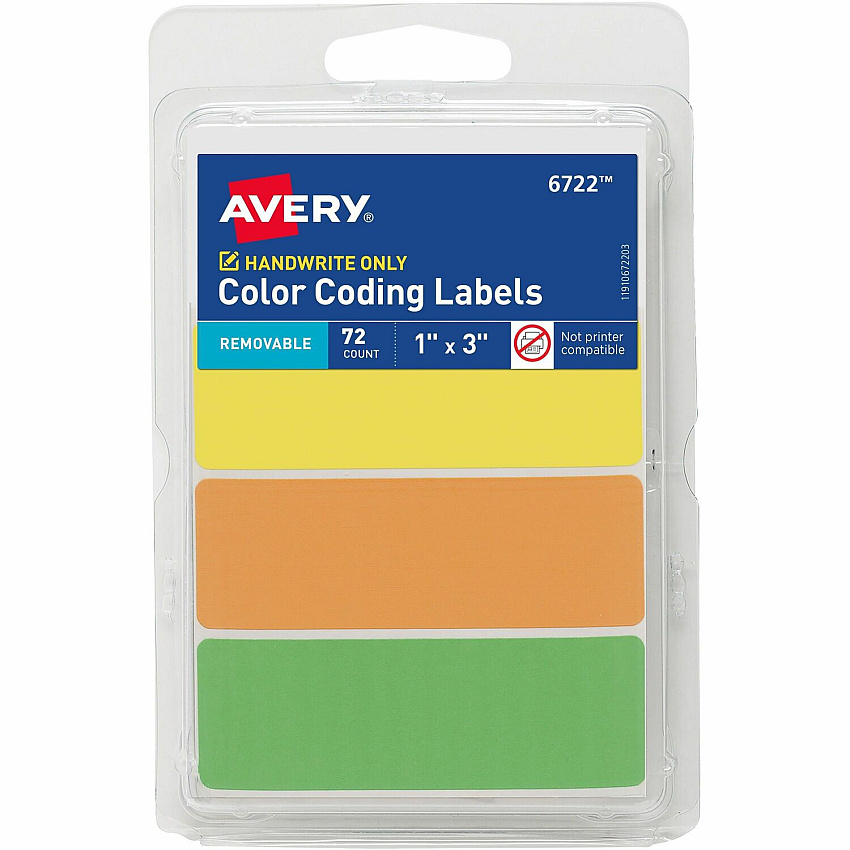 Avery&reg; Rectangular Removable Color Coding Labels on Small Sheets 1" Height x 1" Width x 3" Length - Removable Adhesive - Rectangle - Matte - Neon Yellow, Neon Orange, Neon Green - Paper - 3 / Sheet - 24 Total Sheets - 72 Total Label(s) - 1 Car (06722)
