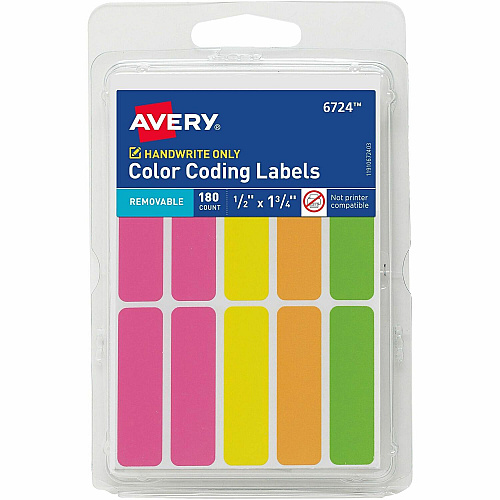 Avery&reg; Rectangular Removable Color Coding Labels on Small Sheets 1/2" Height x 1/2" Width x 1 3/4" Length - Removable Adhesive - Rectangle - Neon Pink, Neon Yellow, Neon Orange, Neon Green - Paper - 10 / Sheet - 18 Total Sheets - 180 Total Lab (06724)