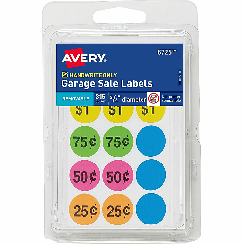 Avery&reg; Garage Sale Labels on Small Sheets 3/4" Diameter - Removable Adhesive - Round - Matte - Neon Blue, Neon Green, Neon Orange, Neon Pink, Neon Yellow, Assorted - Paper - 15 / Sheet - 21 Total Sheets - 11340 Total Label(s) - 315/Pack - 1 Ca (06725)