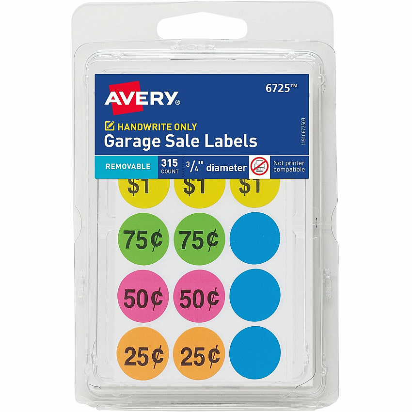 Avery&reg; Garage Sale Labels on Small Sheets 3/4" Diameter - Removable Adhesive - Round - Matte - Neon Blue, Neon Green, Neon Orange, Neon Pink, Neon Yellow, Assorted - Paper - 15 / Sheet - 21 Total Sheets - 11340 Total Label(s) - 315/Pack - 1 Ca (06725)