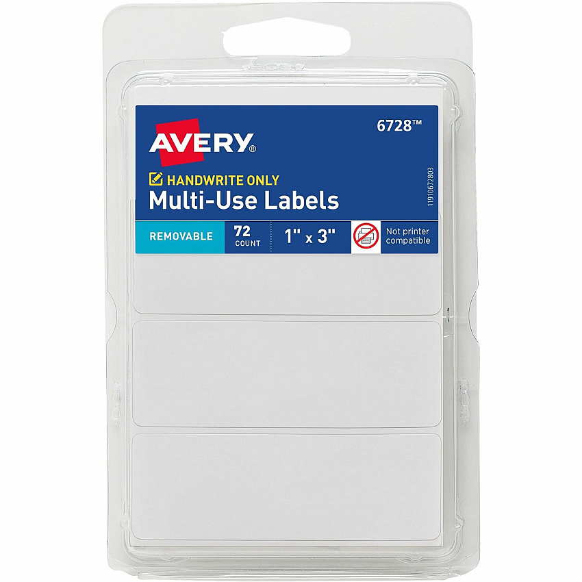 Avery&reg; Removable Multi-Use ID Labels on Small Sheets - Handwrite Only 1" Height x 3" Width - Removable Adhesive - Rectangle - White - Paper - 3 / Sheet - 24 Total Sheets - 2592 Total Label(s) - 72/Pack - 1 Carton (06728)