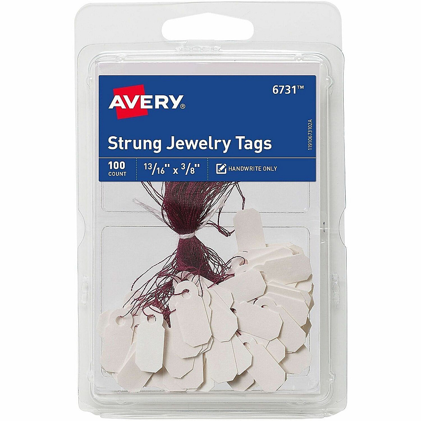Avery&reg; Jewelry Tags, Strung, 13/16" x 3/8" , 100 Tags (6731) 0.81" Length x 0.37" Width - Round - String Fastener - Card Stock, Rayon - White, Purple - 100/Pack - 1 Carton (06731)