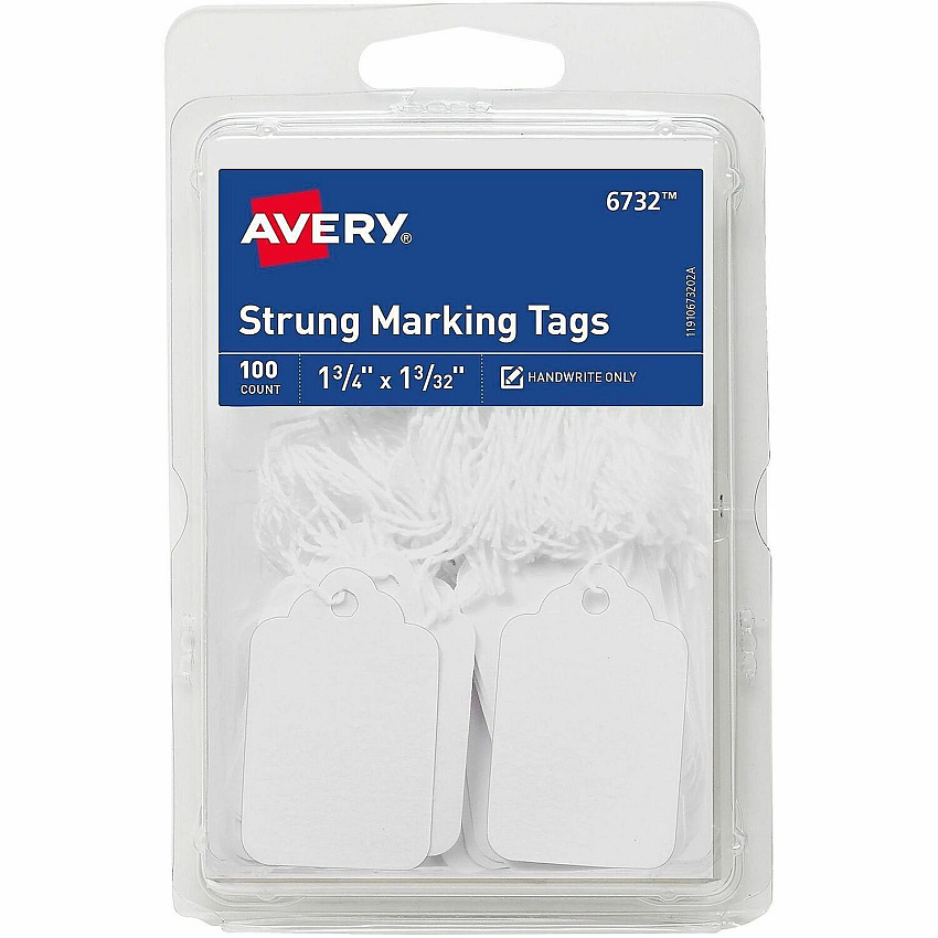 Avery&reg; Marking Tags, Strung, 1-3/4" x 1-3/32" , 100 Tags (6732) 1.75" Length x 1.09" Width - Rectangular - String Fastener - Card Stock - White - 100/Pack - 1 Carton (06732)