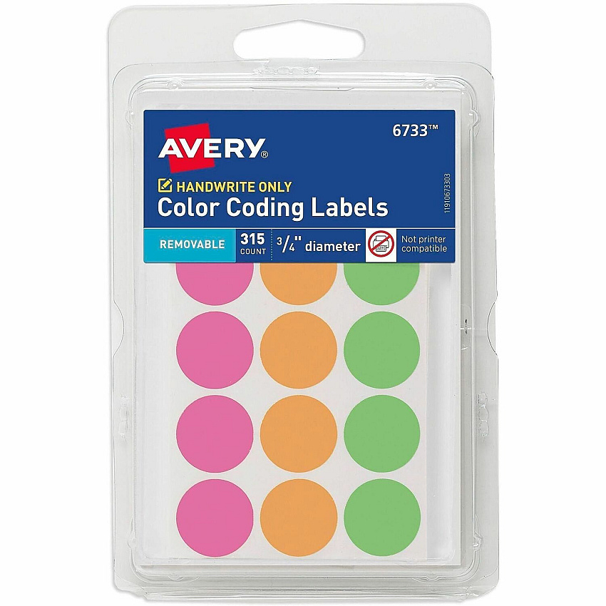 Avery&reg; 3/4" Round Removable Color Coding Labels - Handwrite Only 3/4" Diameter - Removable Adhesive - Round - Neon Pink, Neon Orange, Neon Green, Assorted - Paper - 15 / Sheet - 21 Total Sheets - 315 Total Label(s) - 315/Pack - 1 Carton (06733)