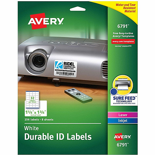 Avery&reg; Permanent Durable ID Labels with Sure Feed(R) Technology 1 1/4" Height x 1 3/4" Width - Permanent Adhesive - Square - Laser, Inkjet - Matte - White - Film - 32 / Sheet - 8 Total Sheets - 1280 Total Label(s) - 1 Carton (06791)