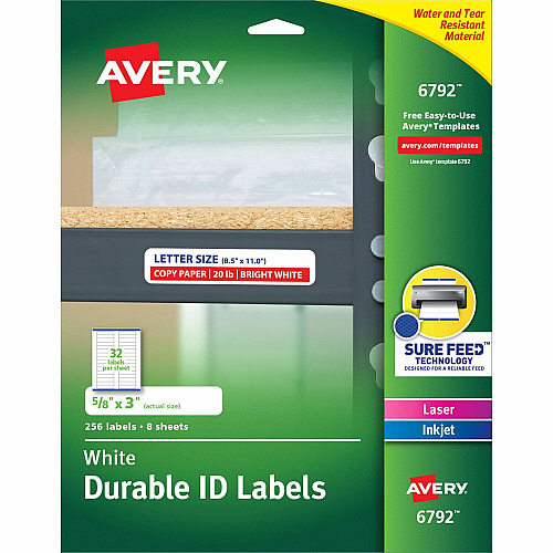 Avery&reg; Permanent Durable ID Labels with Sure Feed(R) Technology 5/8" Height x 3" Width x 3" Length - Permanent Adhesive - Rectangle - Laser, Inkjet - Matte - White - Film - Water Resistant - 32 / Sheet - 8 Total Sheets - 1280 Total Label(s) -  (06792)