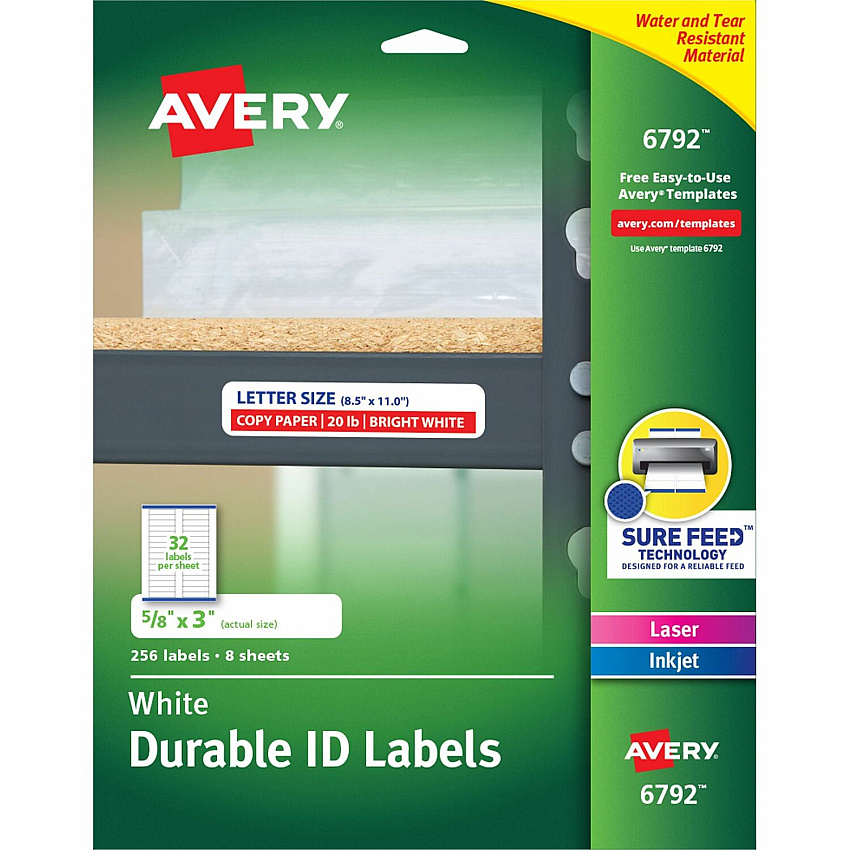 Avery&reg; Permanent Durable ID Labels with Sure Feed(R) Technology 5/8" Height x 3" Width x 3" Length - Permanent Adhesive - Rectangle - Laser, Inkjet - Matte - White - Film - Water Resistant - 32 / Sheet - 8 Total Sheets - 1280 Total Label(s) -  (06792)