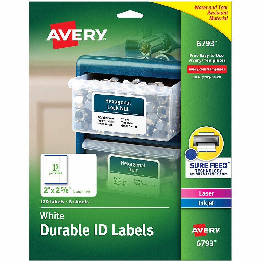 Avery&reg; Permanent Durable ID Labels with Sure Feed(R) Technology 2" Height x 2 5/8" Width - Permanent Adhesive - Rectangle - Laser, Inkjet - Matte - White - Film - 15 / Sheet - 8 Total Sheets - 600 Total Label(s) - 1 Carton (06793)
