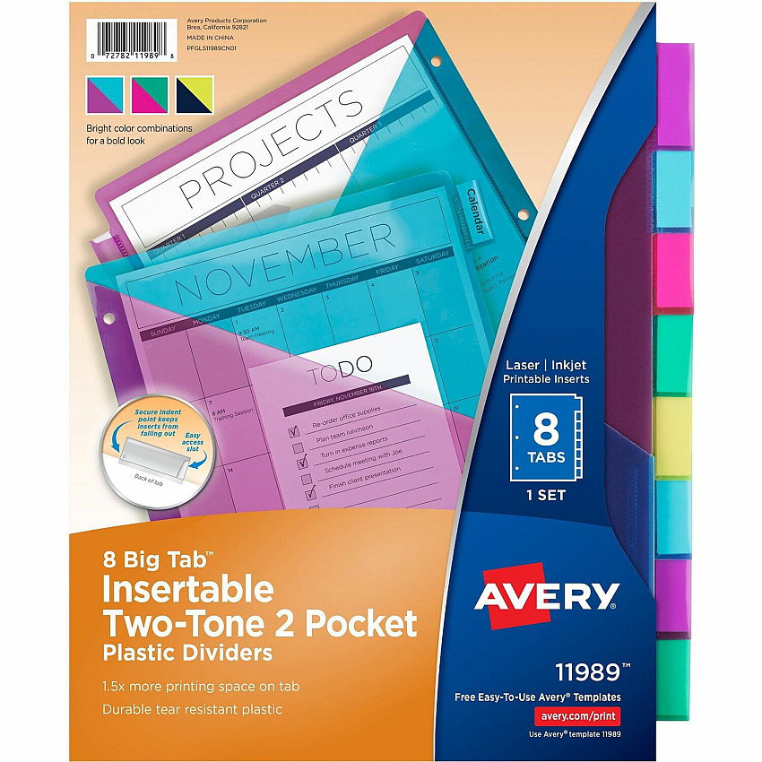 Avery&reg; Big Tab Tab Divider 8 x Divider(s) - 8 Tab(s) - 8 - 8 Tab(s)/Set - 9.3" Divider Width x 11.25" Divider Length - Letter - 8.50" Width x 11" Length - 3 Hole Punched - Multicolor Plastic Divider - Multicolor Plastic Tab(s) - PVC-free, Hole (11989)