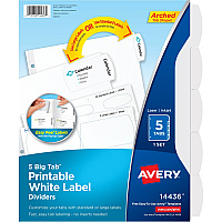 Avery&reg; Big Tab Printable White Label Dividers 5 x Divider(s) - 5 - 5 Tab(s)/Set - 8.5" Divider Width x 11" Divider Length - 3 Hole Punched - White Paper Divider - White Paper Tab(s) - 0% - Hole-punched, Printable, Customizable - 36 / Carton (14436)