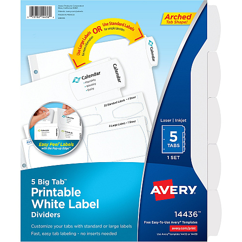 Avery&reg; Big Tab Printable White Label Dividers 5 x Divider(s) - 5 - 5 Tab(s)/Set - 8.5" Divider Width x 11" Divider Length - 3 Hole Punched - White Paper Divider - White Paper Tab(s) - 0% - Hole-punched, Printable, Customizable - 36 / Carton (14436)