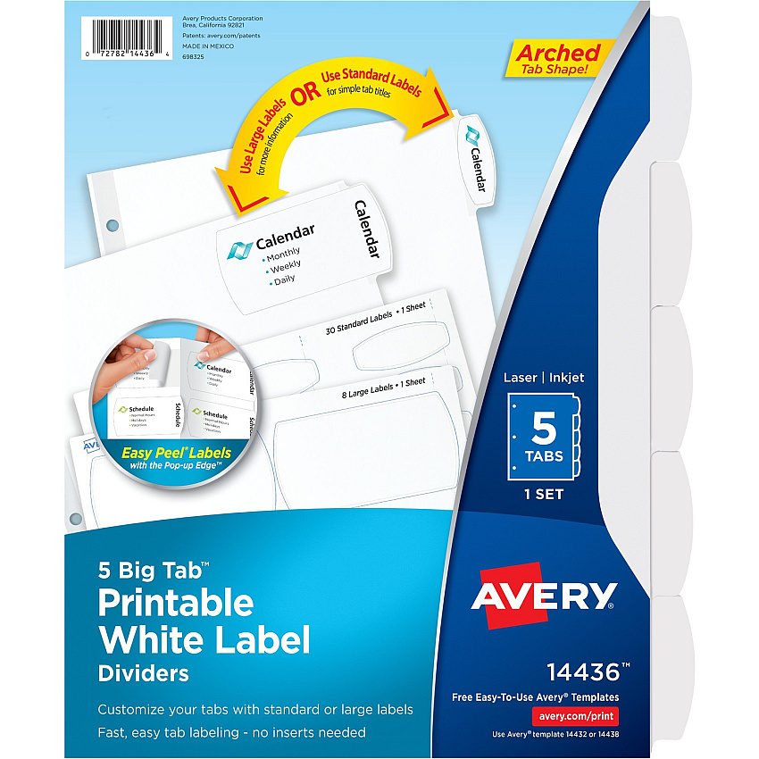 Avery&reg; Big Tab Printable White Label Dividers 5 x Divider(s) - 5 - 5 Tab(s)/Set - 8.5" Divider Width x 11" Divider Length - 3 Hole Punched - White Paper Divider - White Paper Tab(s) - 0% - Hole-punched, Printable, Customizable - 36 / Carton (14436)
