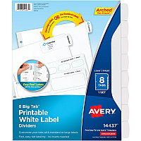 Avery&reg; Big Tab Printable White Label Dividers 8 x Divider(s) - 8 - 8 Tab(s)/Set - 8.5" Divider Width x 11" Divider Length - 3 Hole Punched - White Paper Divider - White Paper Tab(s) - 0% - Hole-punched, Printable, Customizable - 36 / Carton (14437)