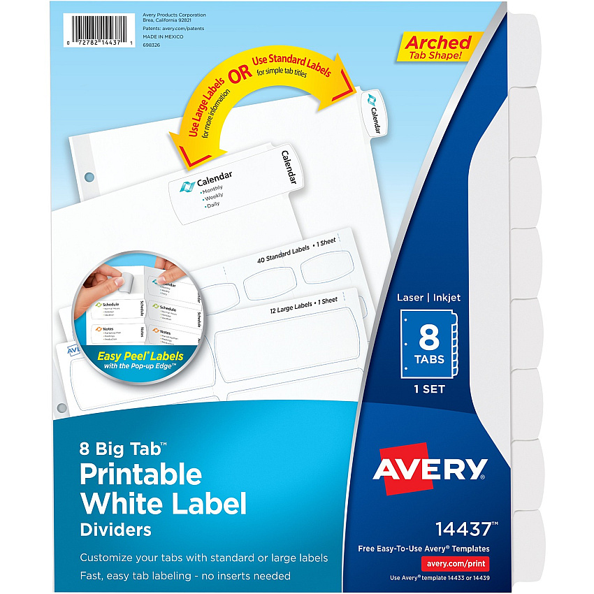 Avery&reg; Big Tab Printable White Label Dividers 8 x Divider(s) - 8 - 8 Tab(s)/Set - 8.5" Divider Width x 11" Divider Length - 3 Hole Punched - White Paper Divider - White Paper Tab(s) - 0% - Hole-punched, Printable, Customizable - 36 / Carton (14437)