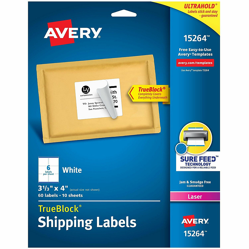 Avery&reg; Shipping Labels, Sure Feed, 3-1/3" x 4" , 60 White Labels 3 21/64" Widthss x 4" Length - Permanent Adhesive - Rectangle - Inkjet, Laser - Matte - White - Paper - 6 / Sheet - 10 Total Sheets - 60 Total Label(s) - 60/Pack - 1 Carton (15264)