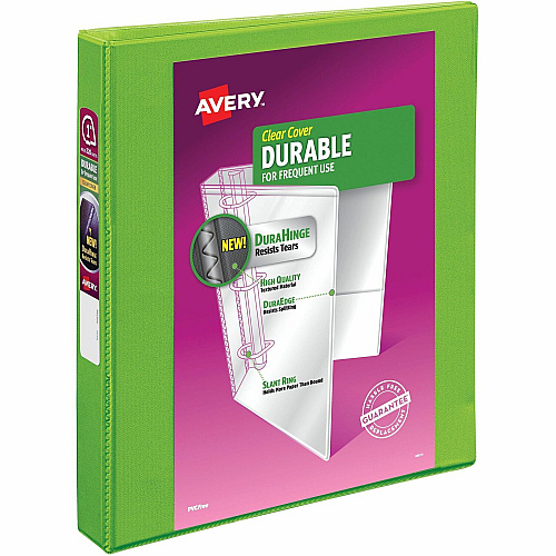 Avery&reg; Durable View 3 Ring Binder, 1" Slant Rings, 1 Chartreuse Binder 1" Binder Capacity - Letter - 8 1/2" x 11" Sheet Size - 250 Sheet Capacity - 250 Ring - Fastener: Slant Ring - Pocket: 2 - Polypropylene - Adhesive, Durable, Flexible, Long (17263)