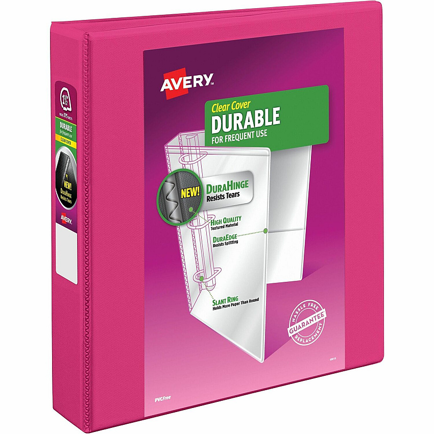 Avery&reg; Durable View 3 Ring Binder, 1.5" Slant Rings, 1 Pink Binder 1 1/2" Binder Capacity - Letter - 8 1/2" x 11" Sheet Size - 375 Sheet Capacity - 375 Ring - Fastener: Slant Ring - Pocket: 2 - Polypropylene - Adhesive, Durable, Flexible, Pock (17833)