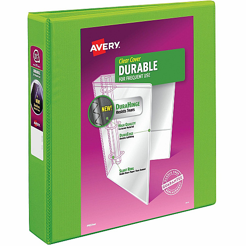 Avery&reg; Durable View 3 Ring Binder, 1.5" Slant Rings, 1 Chartreuse Binder 1 1/2" Binder Capacity - Letter - 8 1/2" x 11" Sheet Size - 375 Sheet Capacity - 375 Ring - Fastener: Slant Ring - Pocket: 2 - Polypropylene - Adhesive, Durable, Flexible (17835)