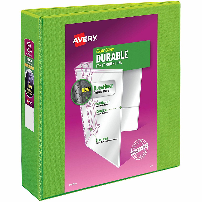 Avery&reg; Durable View 3 Ring Binder, 2" Slant Rings, 1 Chartreuse Binder 2" Binder Capacity - Letter - 8 1/2" x 11" Sheet Size - 530 Sheet Capacity - 530 Ring - Fastener: Slant Ring - Pocket: 2 - Polypropylene - Adhesive, Durable, Flexible, Pock (17838)