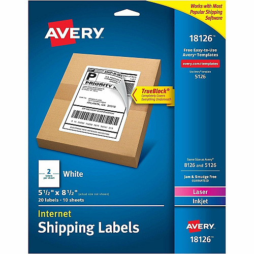 Avery&reg; Internet Shipping Labels, 5-1/2" x 8-1/2" , 20 Labels x 5 1/2" Width x 8 1/2" Length - Permanent Adhesive - Rectangle - Laser, Inkjet - Matte - White - Paper - 2 / Sheet - 10 Total Sheets - 20 Total Label(s) - For Label Printer - 1 Cart (18126)