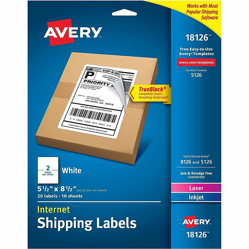Avery&reg; Internet Shipping Labels, 5-1/2" x 8-1/2" , 20 Labels x 5 1/2" Width x 8 1/2" Length - Permanent Adhesive - Rectangle - Laser, Inkjet - Matte - White - Paper - 2 / Sheet - 10 Total Sheets - 20 Total Label(s) - For Label Printer - 1 Cart (18126)