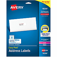 Avery&reg; Easy Peal Sure Feed Address Labels 1" Widthss x 2 5/8" Length - Permanent Adhesive - Rectangle - Inkjet, Laser - Matte White - Matte - Paper - 30 / Sheet - 30 Total Sheets - 750 Total Label(s) - 750/Pack - 5 / Carton (18260)