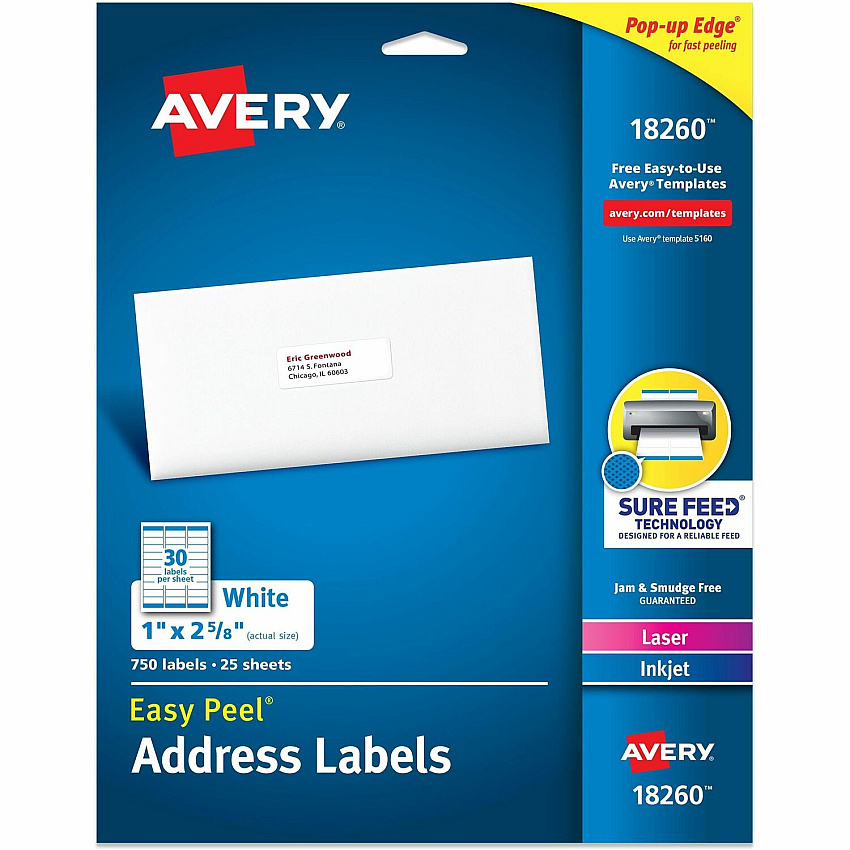 Avery&reg; Easy Peal Sure Feed Address Labels 1" Widthss x 2 5/8" Length - Permanent Adhesive - Rectangle - Inkjet, Laser - Matte White - Matte - Paper - 30 / Sheet - 30 Total Sheets - 750 Total Label(s) - 750/Pack - 5 / Carton (18260)