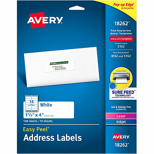 Avery&reg; Easy Peel Address Label 1 21/64" Widthss x 4" Length - Permanent Adhesive - Rectangle - Inkjet, Laser - Matte White - Matte - Paper - 14 / Sheet - 14 Total Sheets - 140 Total Label(s) - 140/Pack - 1 Carton (18262)