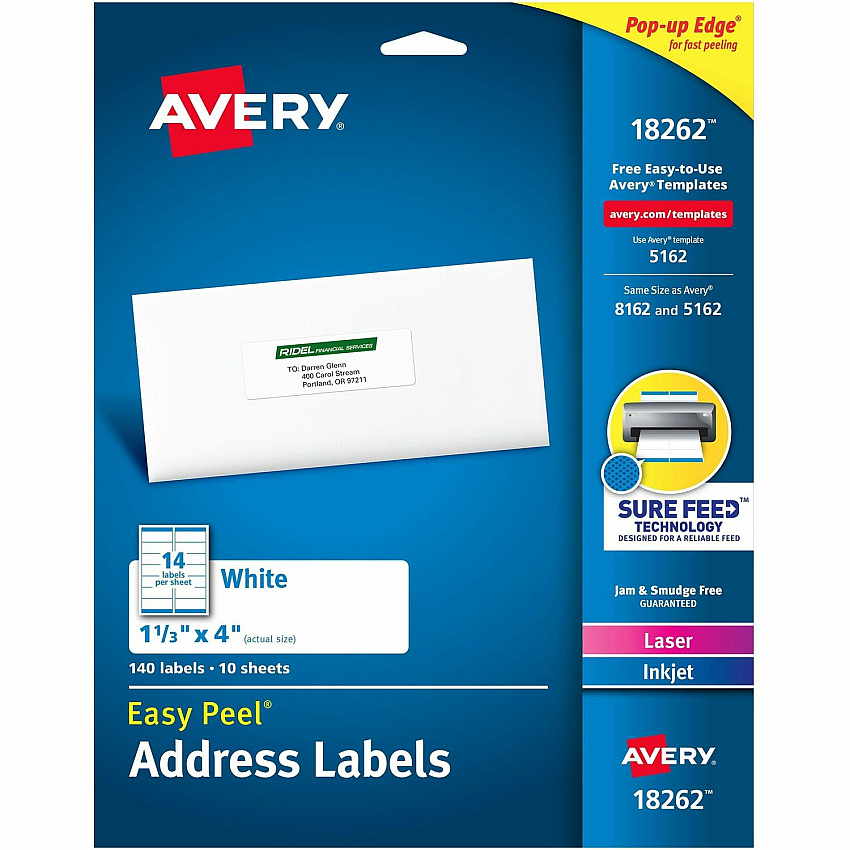 Avery&reg; Easy Peel Address Label 1 21/64" Widthss x 4" Length - Permanent Adhesive - Rectangle - Inkjet, Laser - Matte White - Matte - Paper - 14 / Sheet - 14 Total Sheets - 140 Total Label(s) - 140/Pack - 1 Carton (18262)
