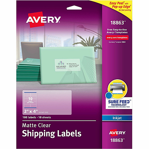 Avery&reg; Easy Peel Inkjet Printer Mailing Labels 2" Width x 4" Length - Permanent Adhesive - Rectangle - Inkjet - Matte Clear - Matte - Film - Permanent Adhesive, Jam Resistant, Easy Peel, Pop Up Edge, Chlorine-free, PVC-free - 10 / Sheet - 10 T (18863)