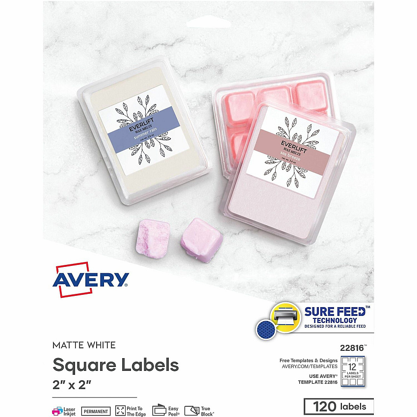 Avery&reg; Print-to-the-Edge Easy Peel Square Labels - HeightPermanent Adhesive - Square - Laser, Inkjet - Matte - Matte White - Paper - 12 / Sheet - 50 Total Sheets - 600 Total Label(s) - 120/Pack - 1 Carton (22816)