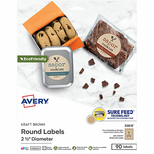Avery&reg; Print-To-The-Edge Kraft Brown Labels Waterproof - x 2 1/2" Diameter - Permanent Adhesive - Round - Inkjet, Laser - Matte Kraft Brown - Matte - Paper - 9 / Sheet - 9 Total Sheets - 90 Total Label(s) - 90/Pack - 1 Carton (22818)