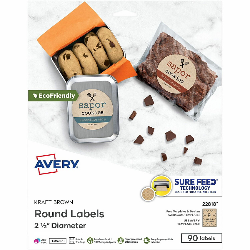 Avery&reg; Print-To-The-Edge Kraft Brown Labels Waterproof - x 2 1/2" Diameter - Permanent Adhesive - Round - Inkjet, Laser - Matte Kraft Brown - Matte - Paper - 9 / Sheet - 9 Total Sheets - 90 Total Label(s) - 90/Pack - 1 Carton (22818)