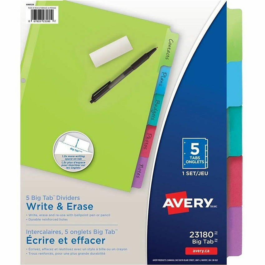 Avery&reg; Big Tab™ Write & Erase Dividers 3 Hole Punched - Paper Divider - White Tab(s) - 0% Recycled - Reusable, Rewritable, Erasable, Laminated, Reinforced, Tear Resistant - 36 / Carton (23180)